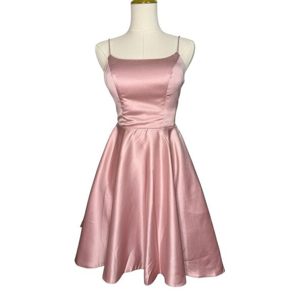 Stacees Women’s 0 A-Line Satin Homecoming Dress with Pockets Wisteria Pink NEW - Picture 3 of 10